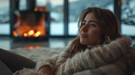 A woman seated on a couch in front of a fireplace.の素材