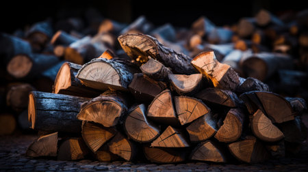 A stack of logs neatly arranged on top of a wooden floor.の素材