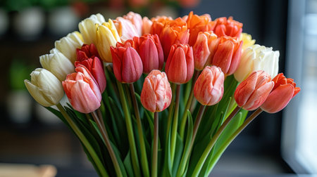A vase brimming with assorted vibrant tulips in various colors.の素材