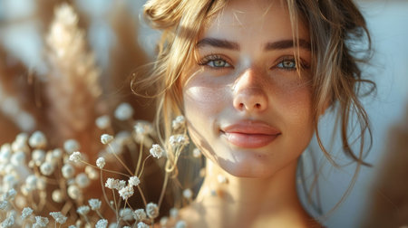A woman standing while holding a bunch of white flowers in her hand.の素材