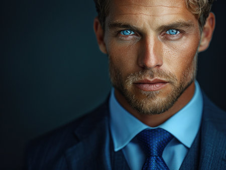 A man dressed in a suit and tie, showcasing piercing blue eyes.の素材