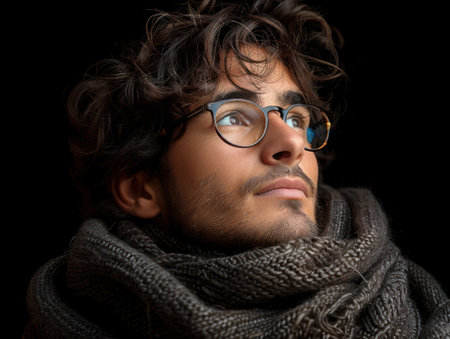 A man wearing glasses and a scarf standing outside.の素材