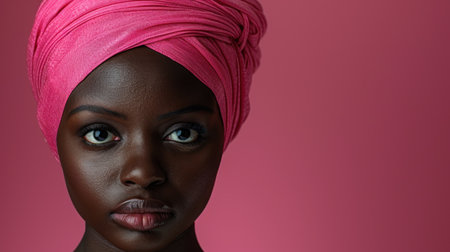 A woman standing with a pink turban on her head.の素材