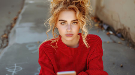 A woman wearing a red sweater is engrossed in her cell phone.の素材