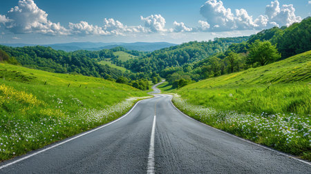 A deserted road stretches through a verdant valley.の素材