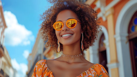 A woman in yellow sunglasses stands in front of a building.の素材