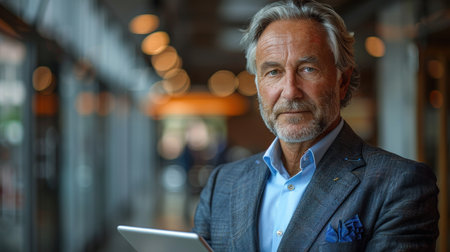 A man in a formal suit focused on a tablet screen.の素材
