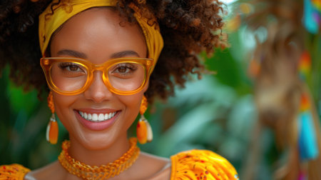 A woman wearing yellow glasses and a yellow headband.の素材