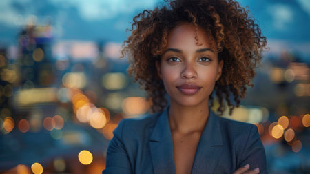 A woman with curly hair stands in front of a city skyline.の素材