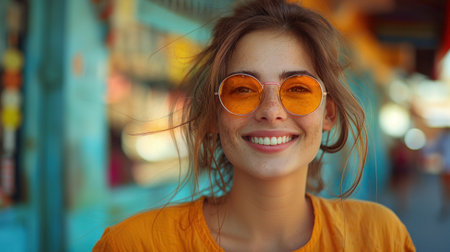A woman wearing yellow sunglasses smiles at the camera.の素材