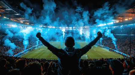 A man stands in front of a cheering crowd during a soccer game.の素材
