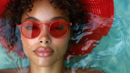A woman with a red hat and red sunglasses.の素材
