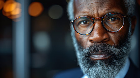 Close-up of a person in a suit wearing glasses.の素材