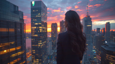 A woman standing on the edge of a tall building, overlooking the city below.の素材