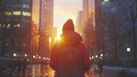 A person strolling along a street during sunset, with warm light creating long shadows.の素材