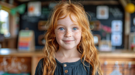 A young girl with bright red hair and striking blue eyes.の素材