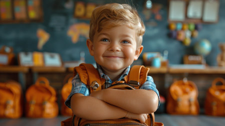 Young male child with backpack, surrounded by wall of various backpacks.の素材