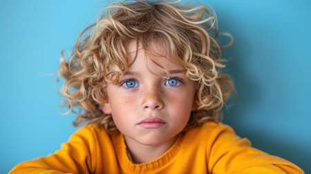 A young boy with curly hair and blue eyes looking at the camera.の素材