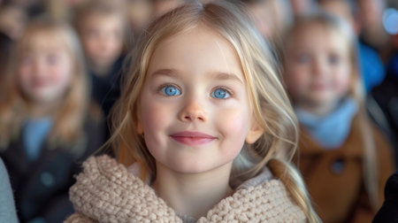 Young girl with blue eyes stands in front of group of people.の素材