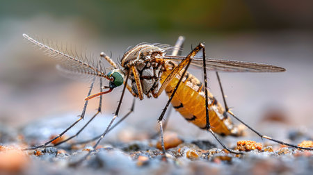 A mosquito seen up close on a textured rock surface.の素材