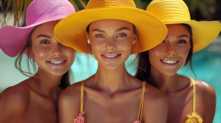 Three women in colorful hats enjoying poolside relaxation.の素材