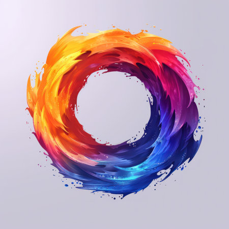 Circle of colorful paint contrasts against a gray background.の素材