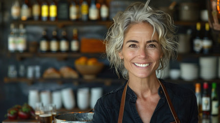 A woman stands in front of a bar with a smile on her face.の素材