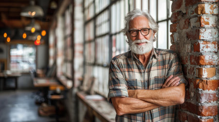 Bearded man in glasses leans against brick wall outdoors.の素材