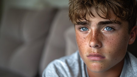 A young boy with freckled hair and blue eyes looks directly at the camera.の素材