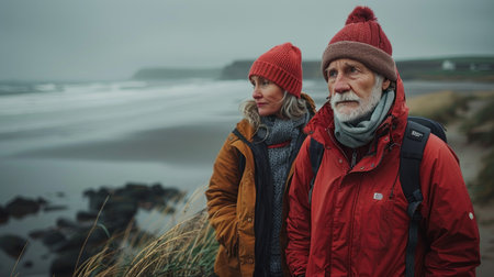 A man and a woman standing next to each other on a sandy beach.の素材
