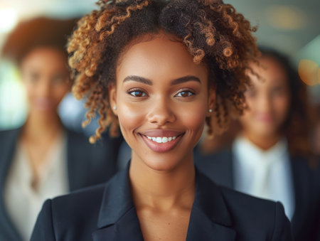 A woman with curly hair smiling directly at the camera.の素材
