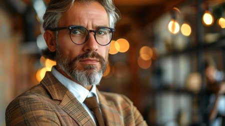 A man with glasses and a beard wearing a suit.の素材