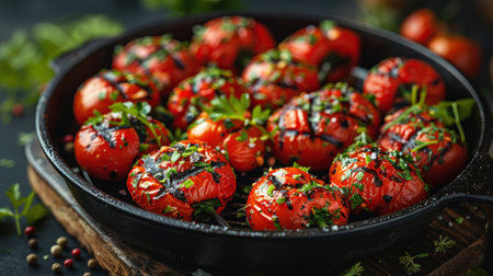 A pan filled with ripe red tomatoes, freshly harvested and ready for cooking.の素材
