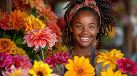 A woman with dreadlocks standing in front of a bunch of flowers.の素材