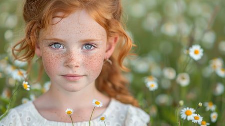 A young girl with freckled hair stands amidst a field of daisies.の素材