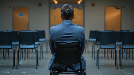Man sitting in chair surrounded by numerous empty chairs in a room.の素材