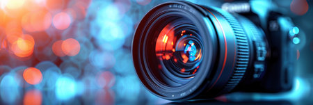 Detailed view of a camera lens with reflections and focus elements.の素材