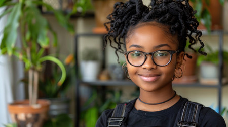 A young girl wearing glasses stands in front of a potted plant.の素材