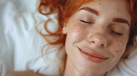Close up view of a person lying down on a bed.の素材