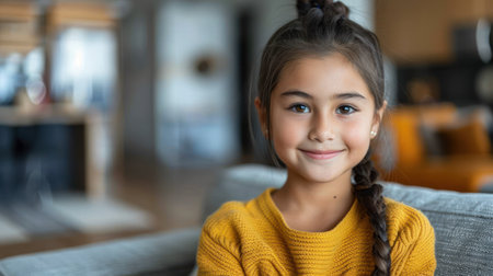 A little girl sitting on a couch, smiling happily.の素材