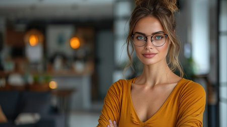 A woman with glasses stands in a room.の素材