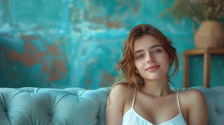 A woman is seated on the blue couch.の素材