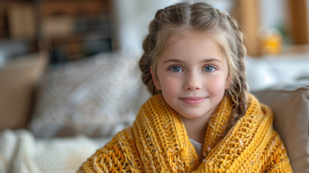 A young girl sitting on a couch, wearing a yellow scarf.の素材