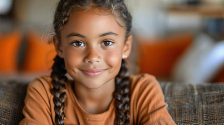 A young girl with braided hair sitting comfortably on a couch.の素材