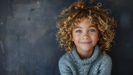 A young girl with curly hair joyfully smiles at the camera.の素材