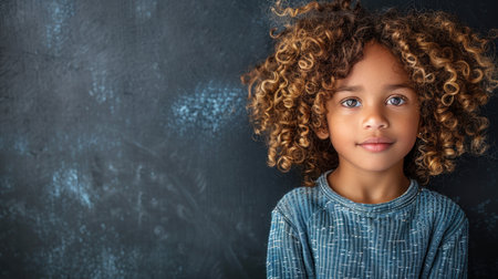 Young girl with curly hair standing in front of a black chalkboard.の素材