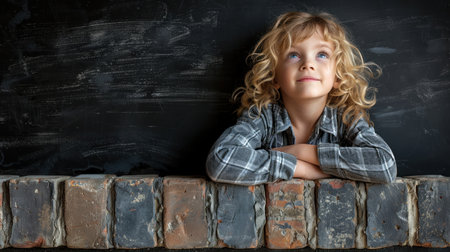 A young boy leaning against a brick wall.の素材