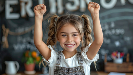 A young girl joyfully raises her hands in the air.の素材