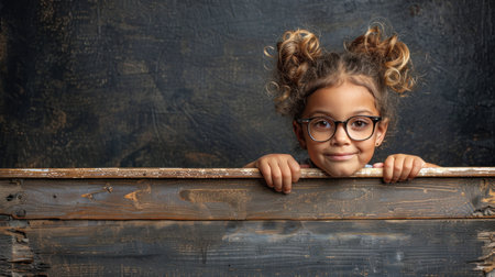 A young female child wearing glasses looks over a wooden sign.の素材
