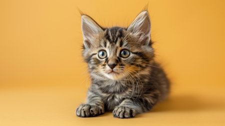 A small kitten sits on top of a bright yellow floor.の素材